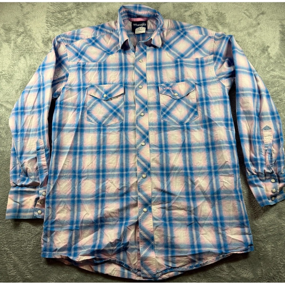 Wrangler Pearl Snap Western Shirt Men's S Pink Blue Plaid Long Sleeve Cowboy